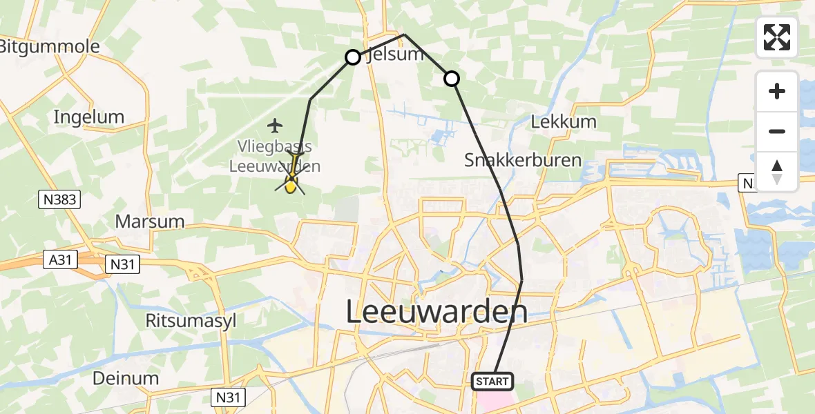 Routekaart van de vlucht: Ambulanceheli naar Vliegbasis Leeuwarden, De Ruyterweg