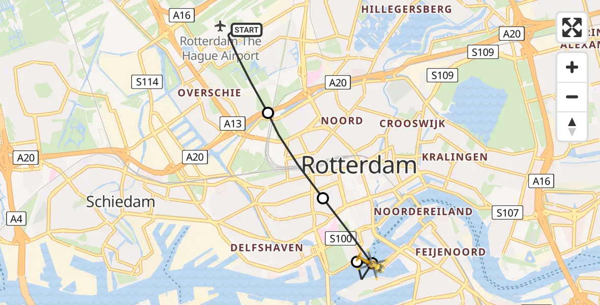 Vluchtroute Traumahelikopter Rotterdam The Hague Airport - Erasmus MC, 08 augustus 2024, 14:28