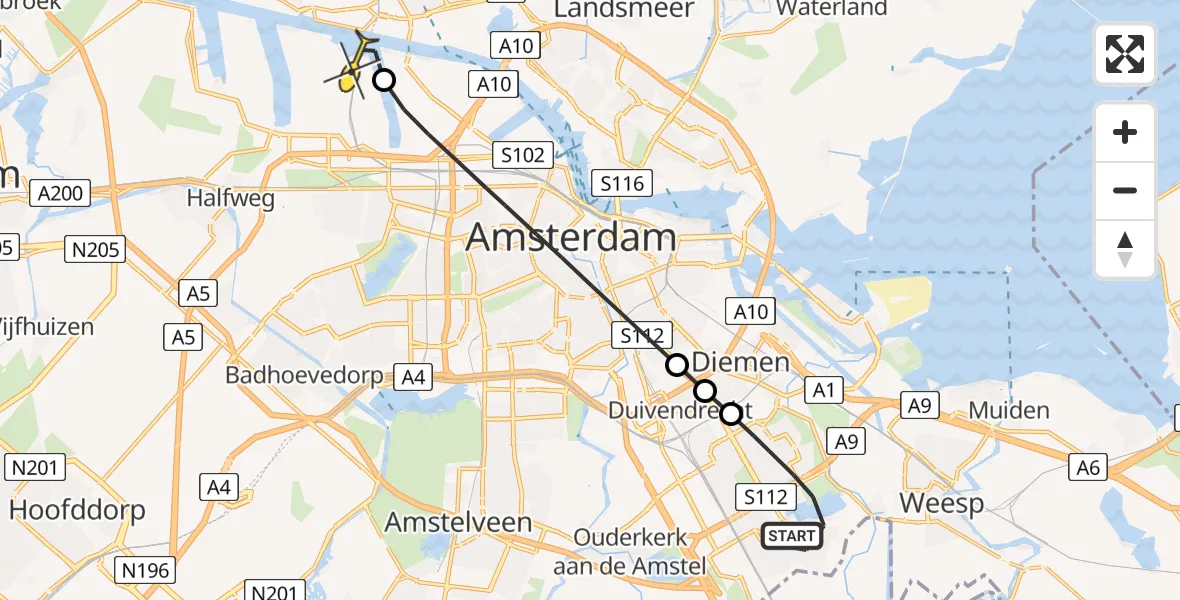 Vluchtroute Traumahelikopter van Amsterdam naar Amsterdam Heliport