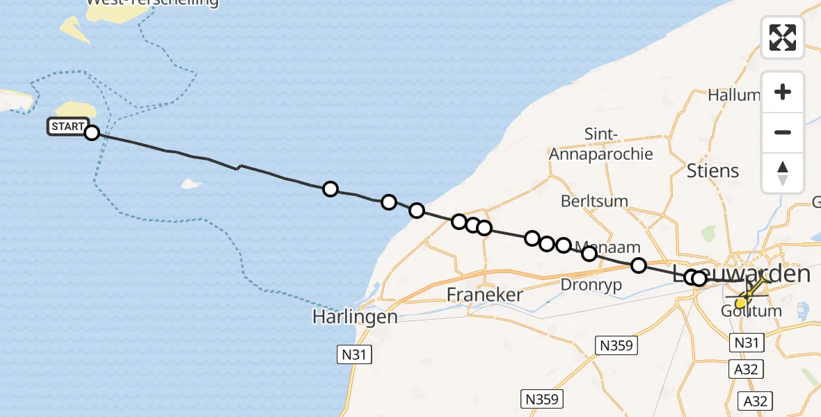 Routekaart van de vlucht: Ambulanceheli naar Leeuwarden, Fransche Gaatje