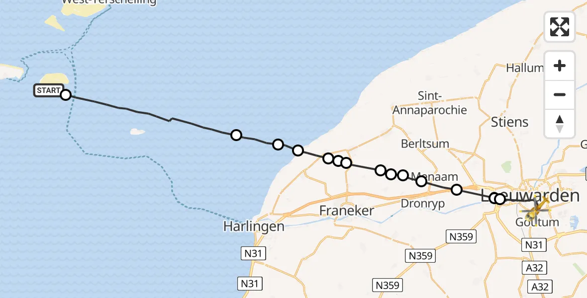 Vluchtroute Ambulancehelikopter Vlieland - Leeuwarden, 08 augustus 2024, 17:56