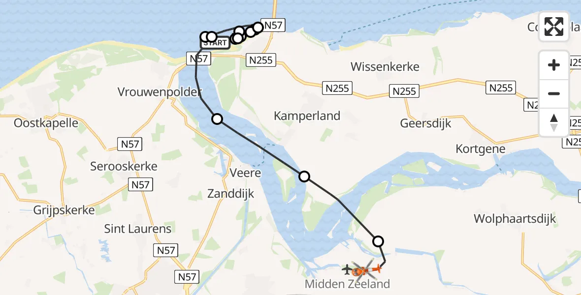 Vluchtroute Kustwachthelikopter Kamperland - Vliegveld Midden-Zeeland, 08 augustus 2024, 18:23