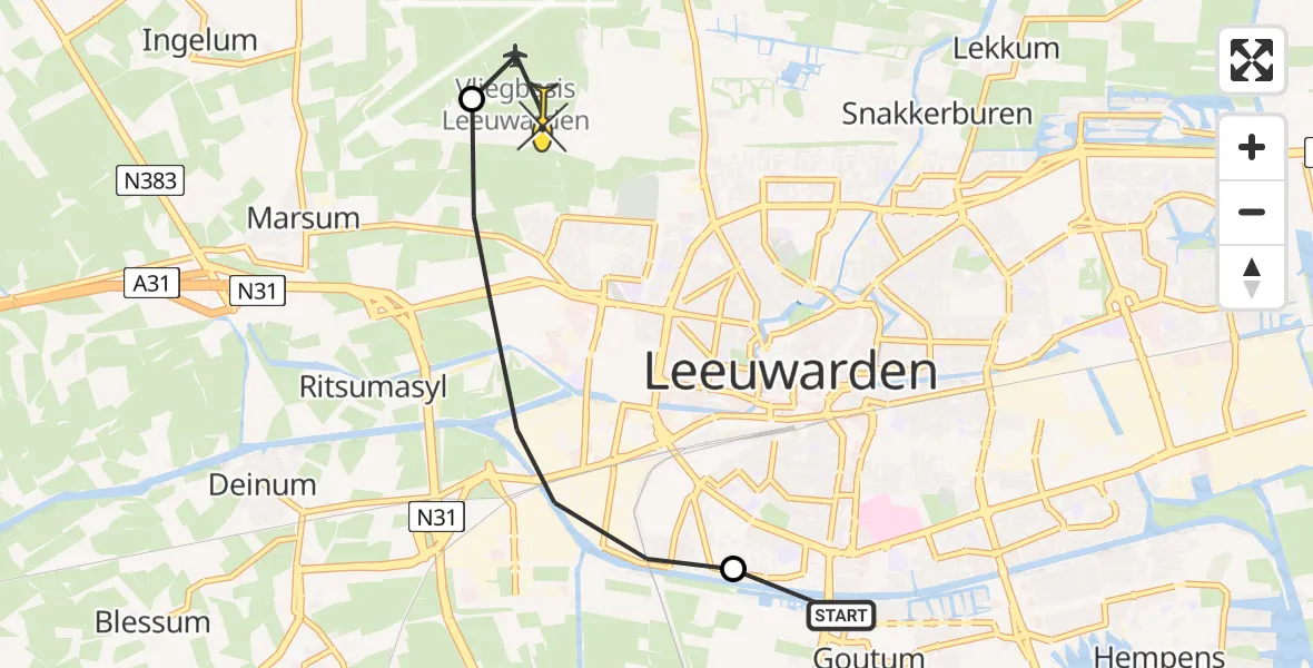 Vluchtroute Ambulancehelikopter van Goutum naar Vliegbasis Leeuwarden