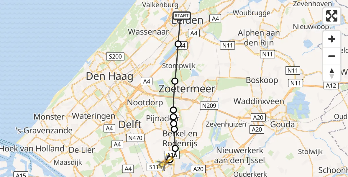 Vluchtroute Traumahelikopter Leiden - Rotterdam The Hague Airport, 08 augustus 2024, 19:37