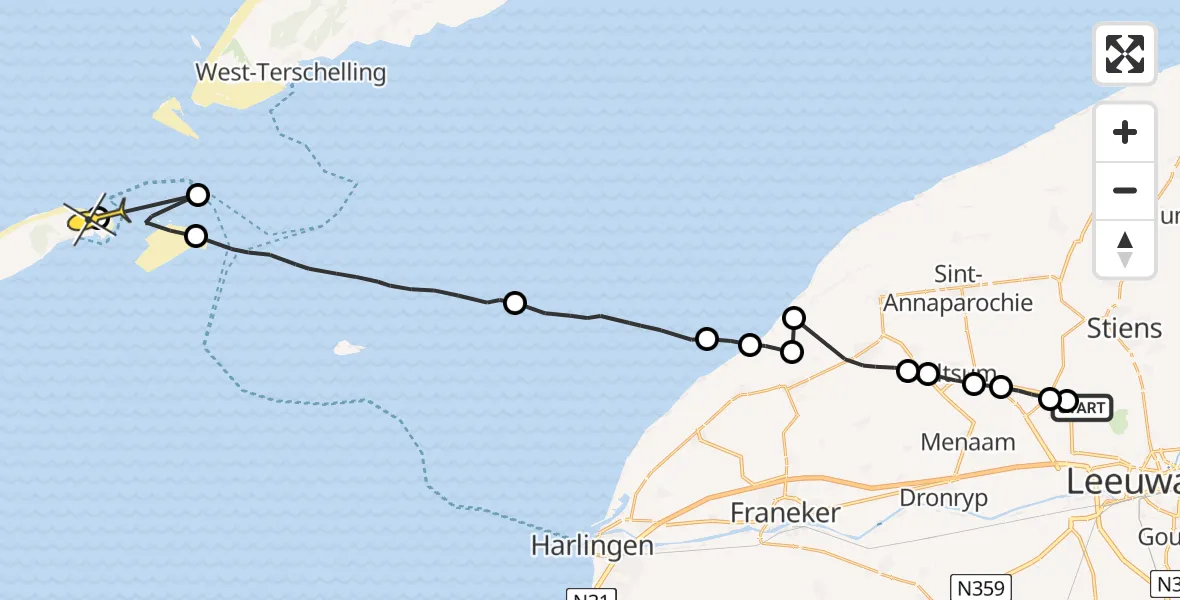 Routekaart van de vlucht: Ambulancehelikopter naar Vlieland Heliport, Middelseewei