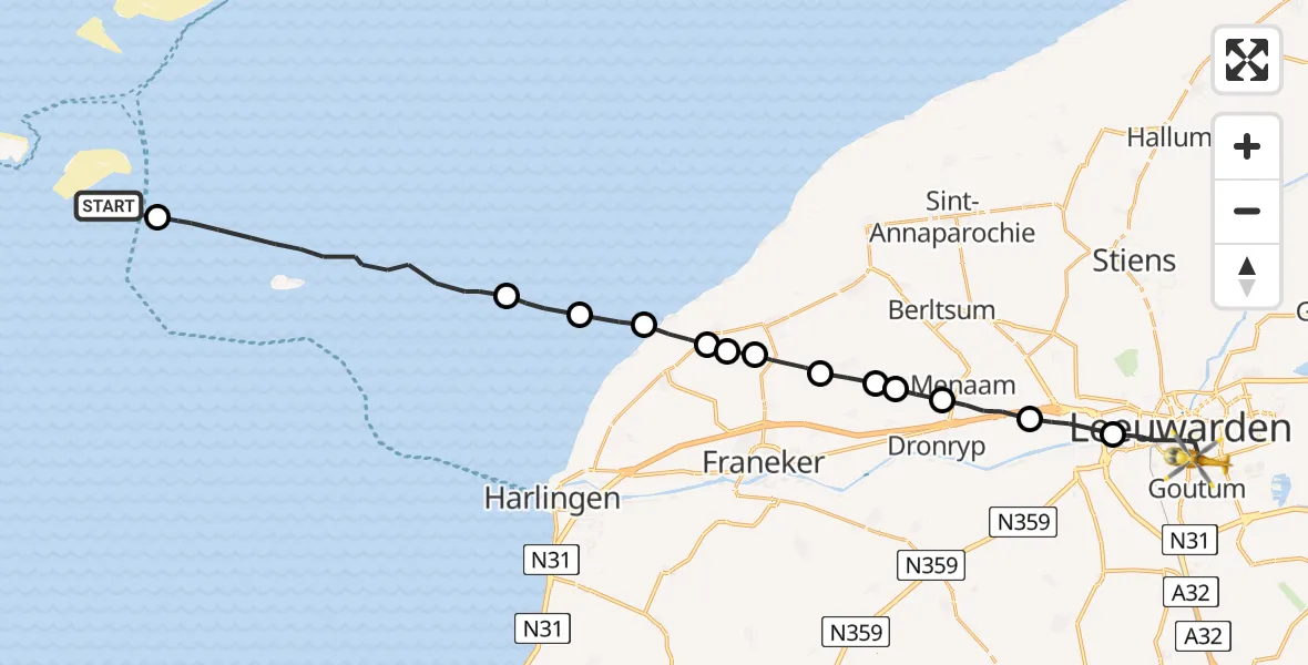 Vluchtroute Ambulancehelikopter Vlieland - Leeuwarden, 08 augustus 2024, 20:40