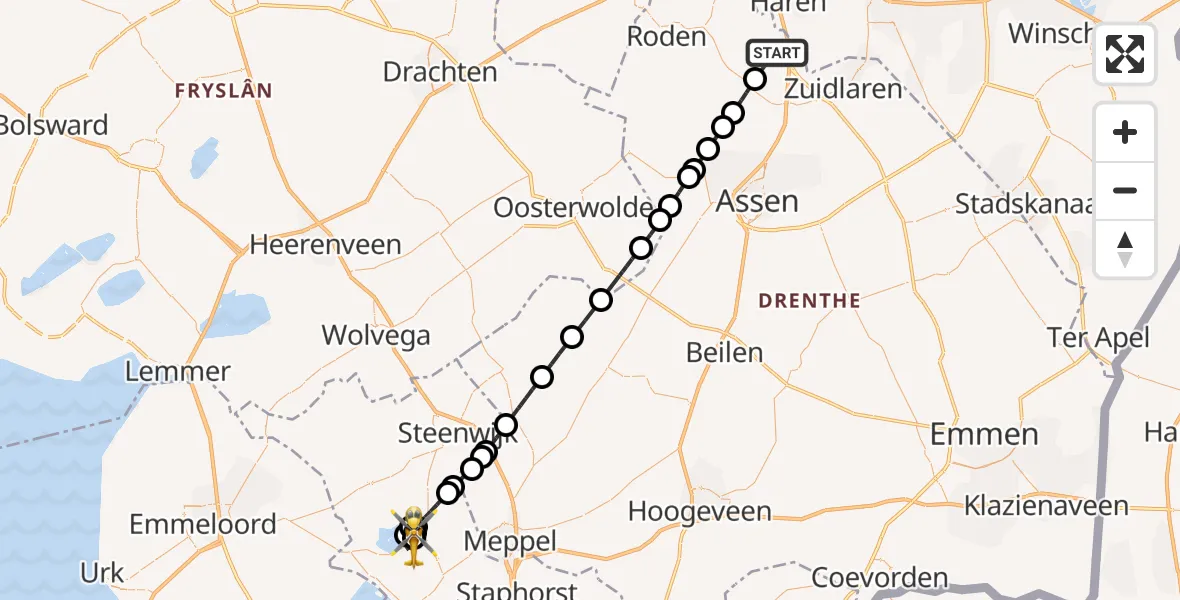 Vluchtroute Traumahelikopter Groningen Airport Eelde - Wanneperveen, 08 augustus 2024, 20:45
