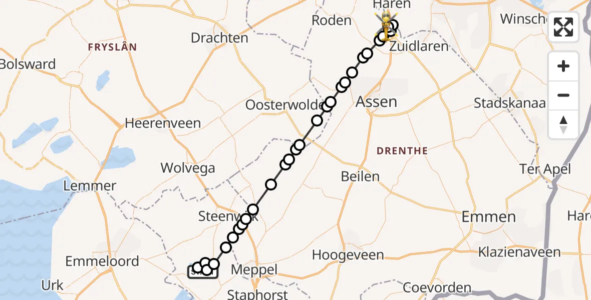 Vluchtroute Traumahelikopter Wanneperveen - Groningen Airport Eelde, 08 augustus 2024, 21:15