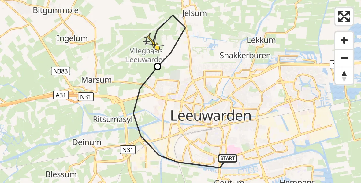 Routekaart van de vlucht: Ambulancehelikopter naar Vliegbasis Leeuwarden, Nijlânsdyk