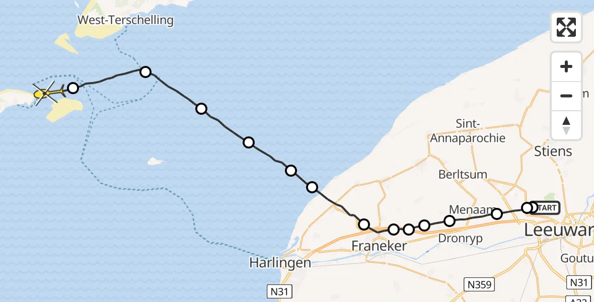 Routekaart van de vlucht: Ambulanceheli naar Vlieland, Sasker van Heringawei