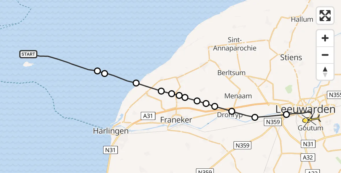 Routekaart van de vlucht: Ambulanceheli naar Leeuwarden, Grienderwaard