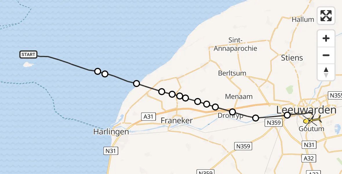 Routekaart van de vlucht: Ambulancehelikopter naar Leeuwarden, Grienderwaard