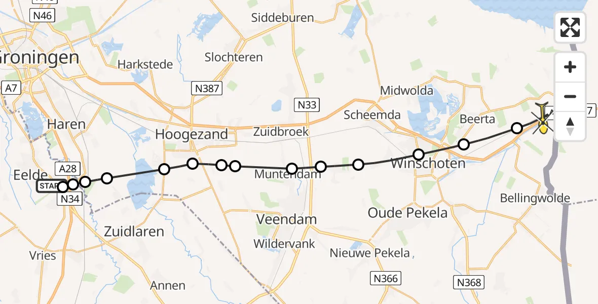 Routekaart van de vlucht: Lifeliner 4 naar Nieuw Beerta, Burgemeester J.G. Legroweg