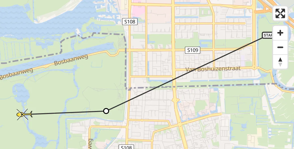 Routekaart van de vlucht: Politieheli naar Amstelveen, Emmakade