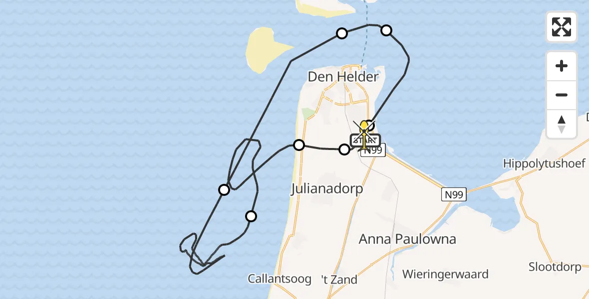 Routekaart van de vlucht: Kustwachthelikopter naar Vliegveld De Kooy, Middenvliet