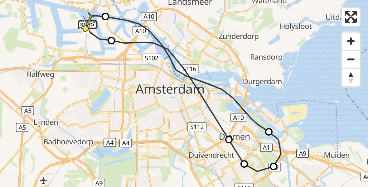 Routekaart van de vlucht: Lifeliner 1 naar Amsterdam Heliport, Westhaven