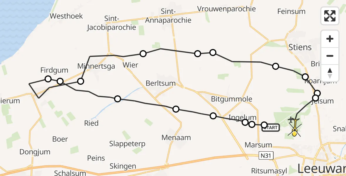 Routekaart van de vlucht: Ambulanceheli naar Vliegbasis Leeuwarden, Franjumbuorren