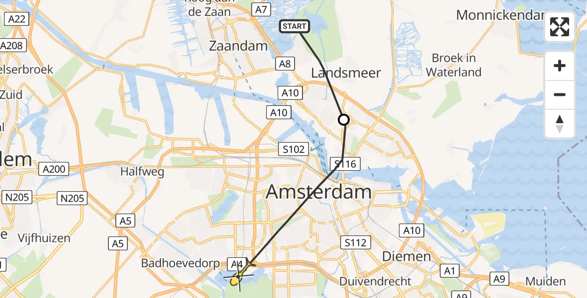 Routekaart van de vlucht: Politiehelikopter naar Amsterdam, Pikpotweg