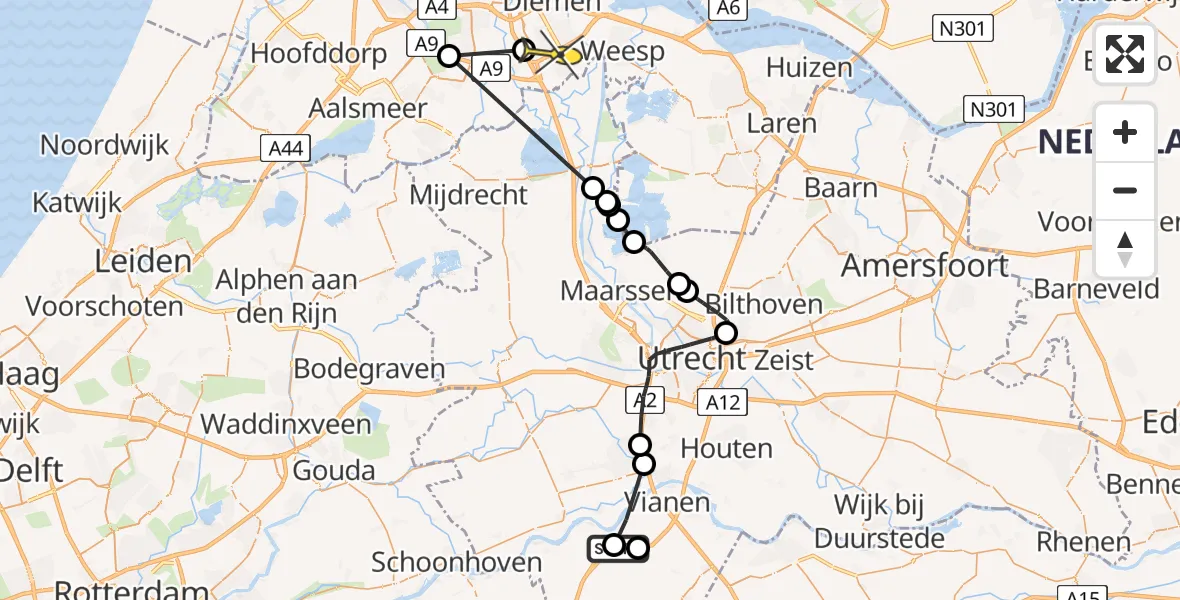 Routekaart van de vlucht: Politieheli naar Amsterdam, Kortenhoevense Wetering