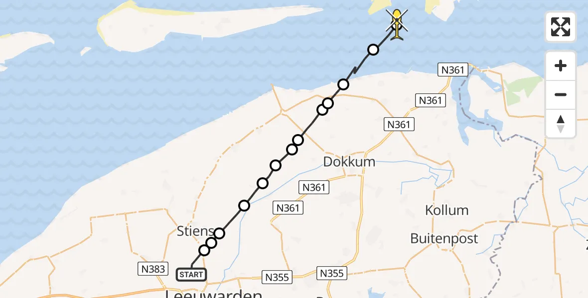 Routekaart van de vlucht: Ambulanceheli naar Schiermonnikoog, Keegsdijkje