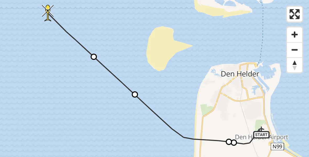 Routekaart van de vlucht: Kustwachthelikopter naar Kortevliet