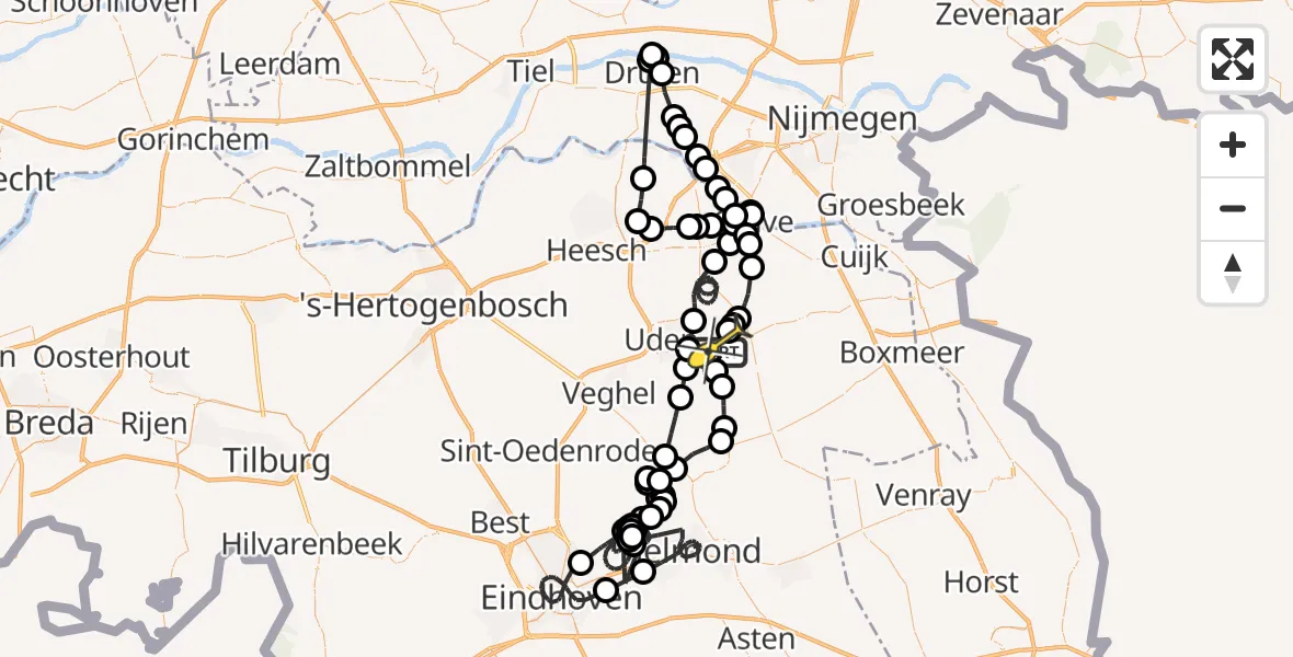 Routekaart van de vlucht: Politieheli naar Vliegbasis Volkel, Oosterheidestraat