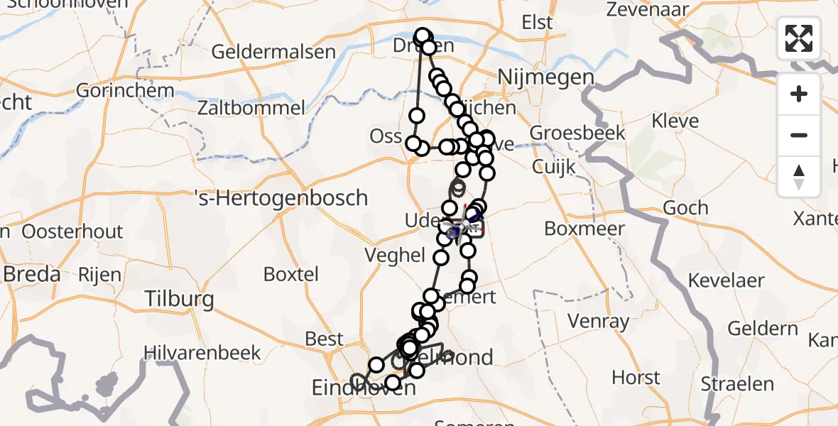 Vluchtroute Politiehelikopter van Vliegbasis Volkel naar Vliegbasis Volkel