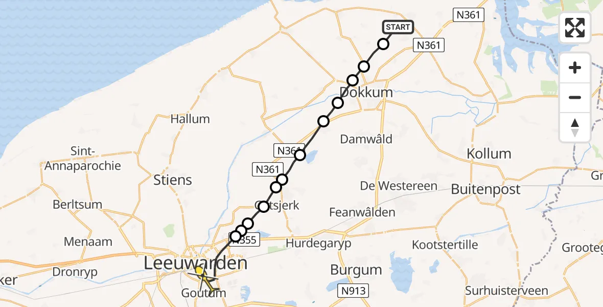 Routekaart van de vlucht: Ambulanceheli naar Leeuwarden, Pypsterwei