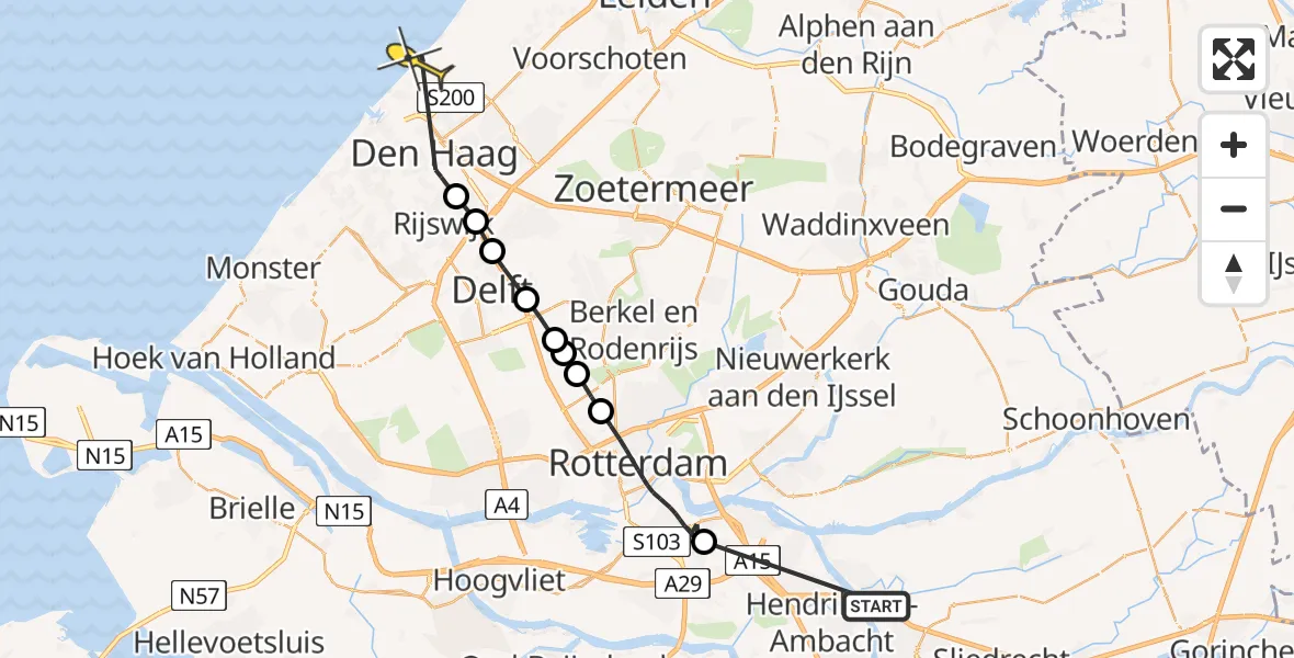 Routekaart van de vlucht: Politieheli naar Den Haag, Akselsekreek