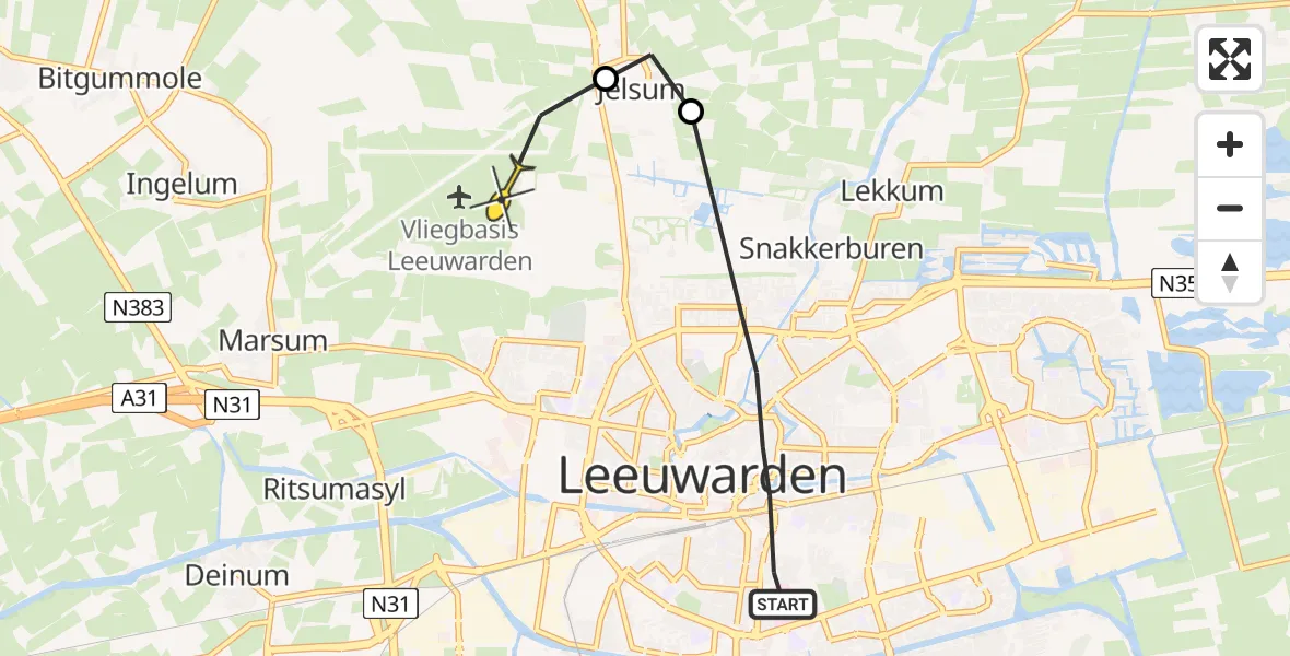 Vluchtroute Ambulancehelikopter van Leeuwarden naar Vliegbasis Leeuwarden