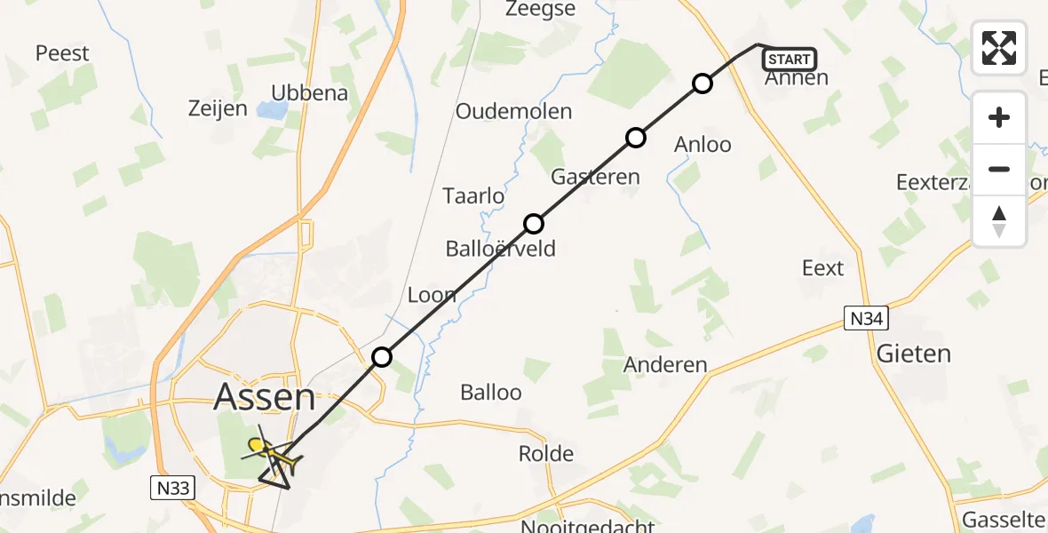 Routekaart van de vlucht: Lifeliner 4 naar Assen, Westerveld