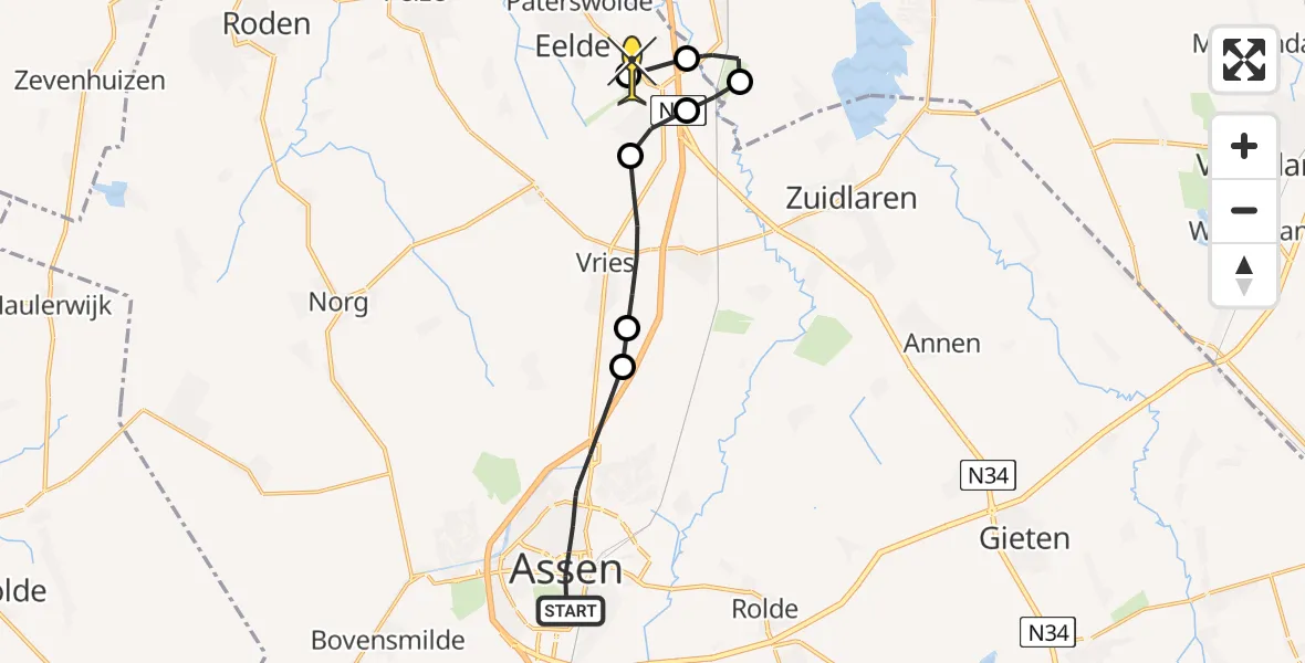 Routekaart van de vlucht: Lifeliner 4 naar Groningen Airport Eelde, Mr. Groen van Prinstererlaan