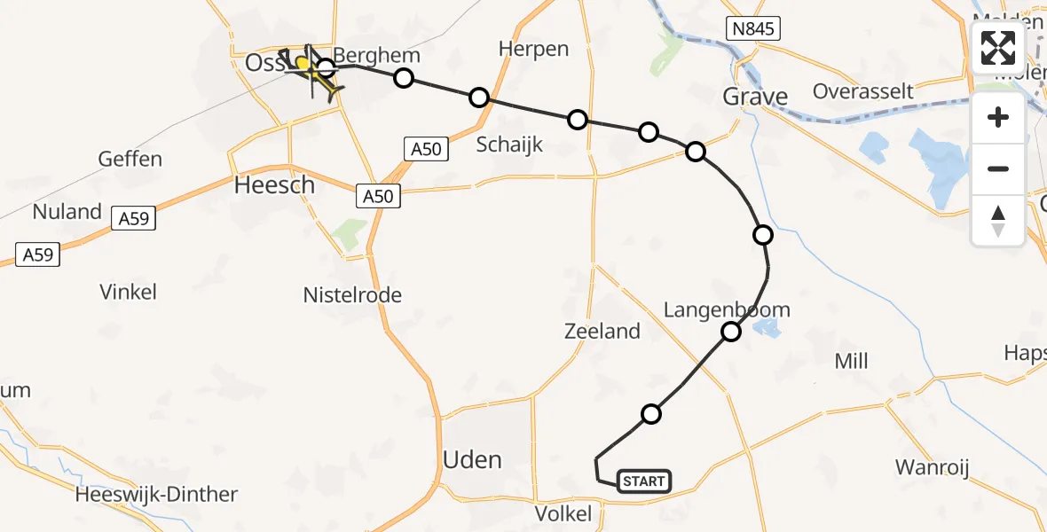 Routekaart van de vlucht: Politiehelikopter naar Oss, Zeelandsedijk