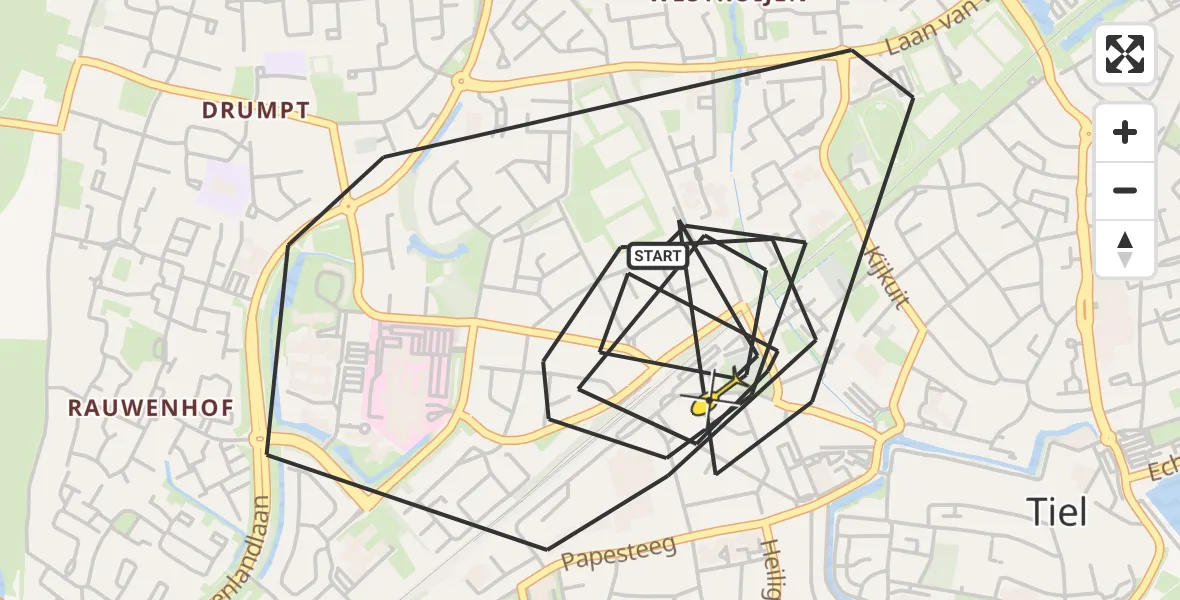 Routekaart van de vlucht: Politieheli naar Tiel, Mr. Thorbeckestraat