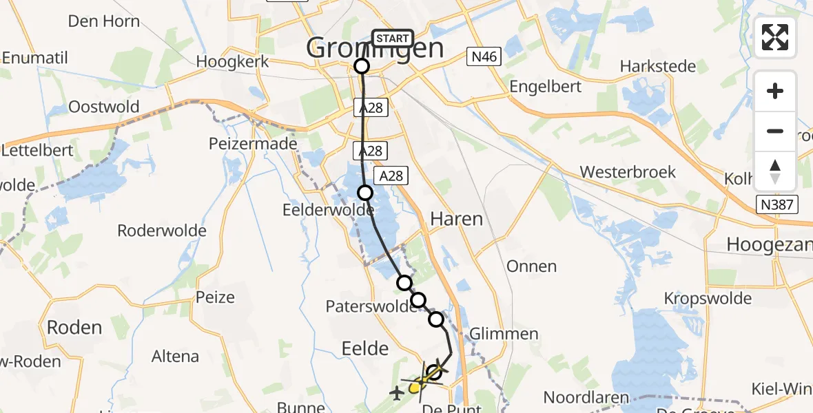 Routekaart van de vlucht: Lifeliner 4 naar Groningen Airport Eelde, Oude Boteringestraat