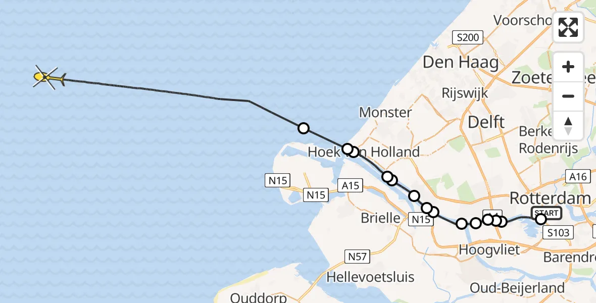 Routekaart van de vlucht: Kustwachthelikopter naar Koningin Emmaboulevard