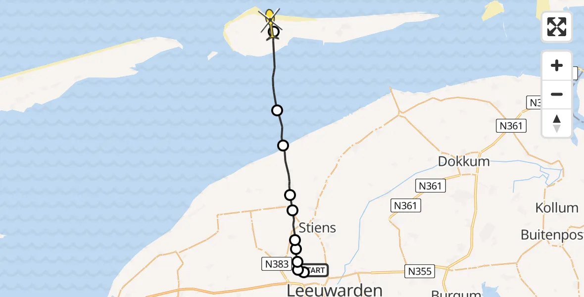 Routekaart van de vlucht: Ambulanceheli naar Ameland Airport Ballum, Keegsdijkje