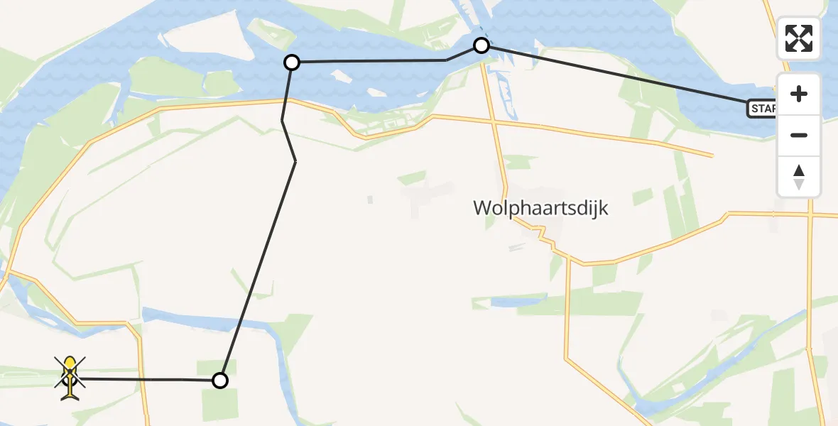 Routekaart van de vlucht: Kustwachthelikopter naar Vliegveld Midden-Zeeland, Wolphaartsdijkseveer