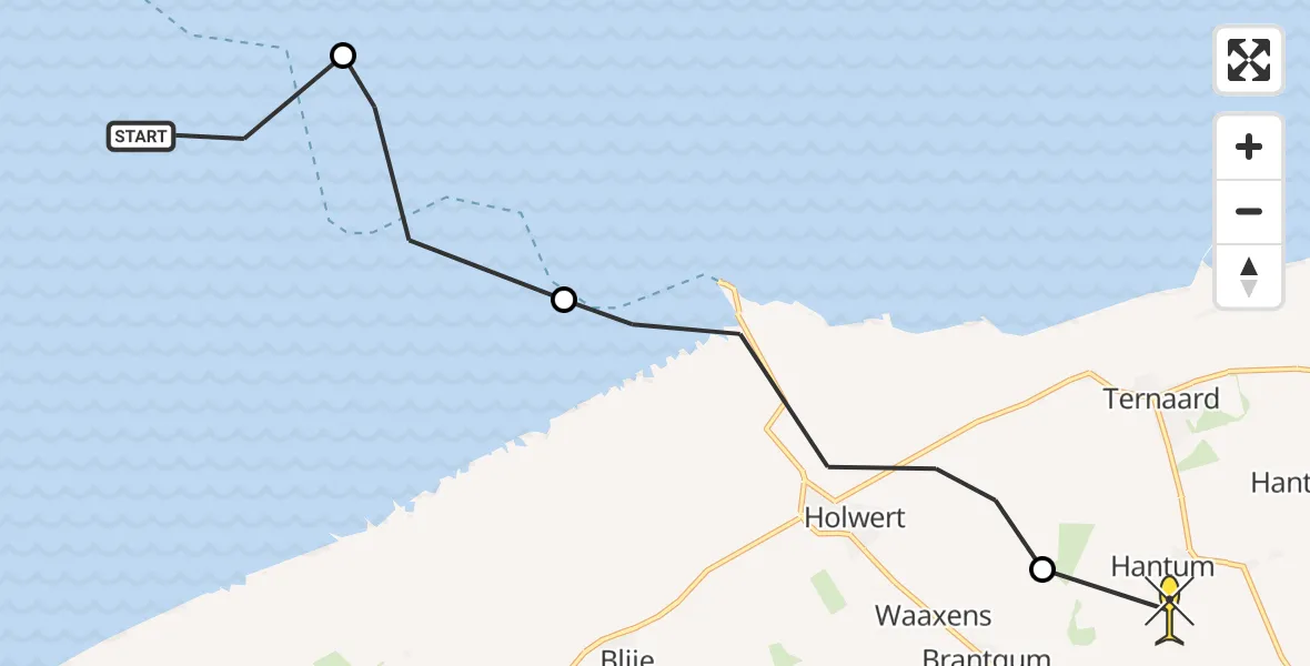 Routekaart van de vlucht: Ambulanceheli naar Hantum, Veerbootroute Ameland