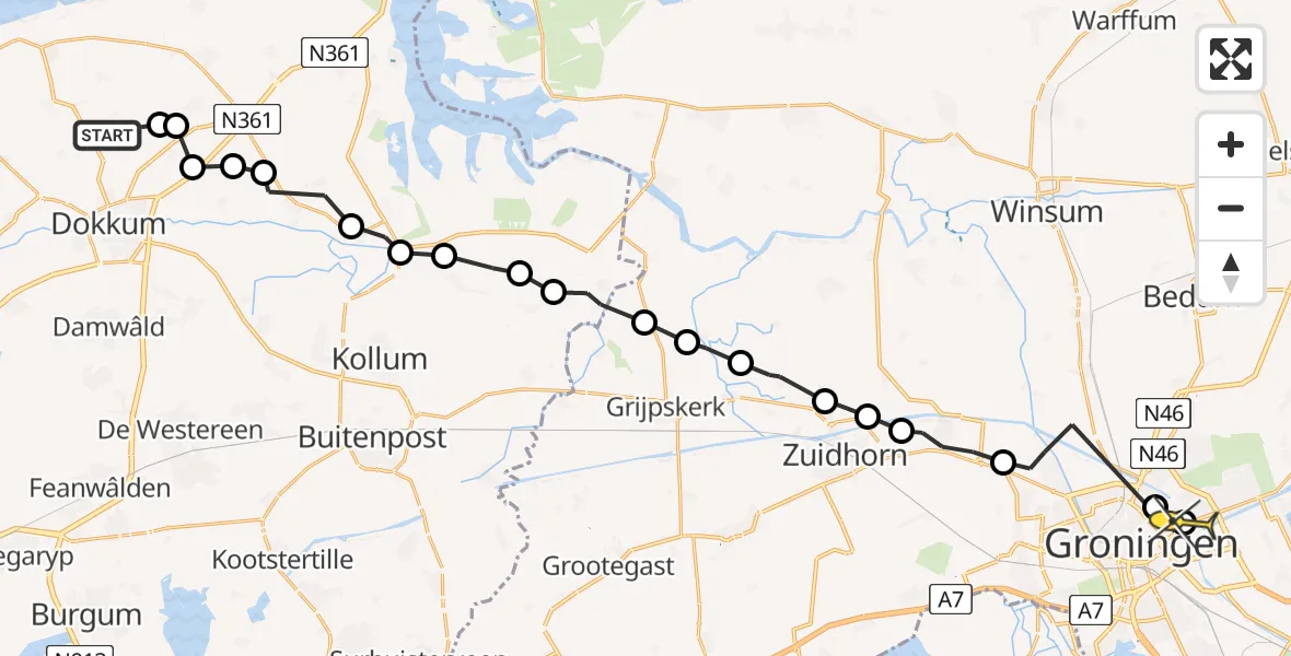 Routekaart van de vlucht: Ambulanceheli naar Groningen, Pypsterwei