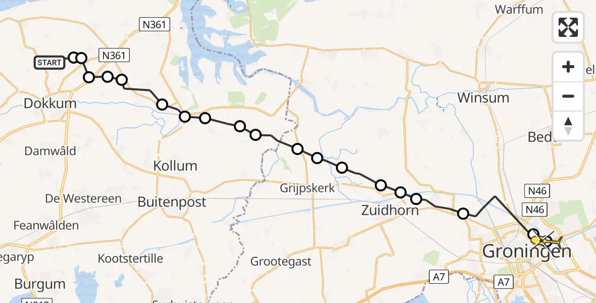 Routekaart van de vlucht: Ambulancehelikopter naar Groningen, Pypsterwei