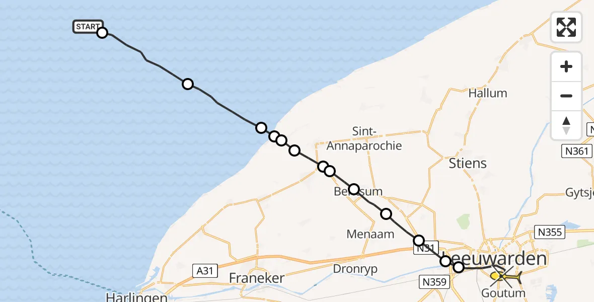 Routekaart van de vlucht: Ambulanceheli naar Leeuwarden, Borniastraat