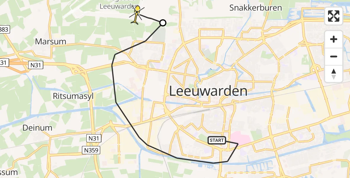 Vluchtroute Ambulancehelikopter van Leeuwarden naar Vliegbasis Leeuwarden