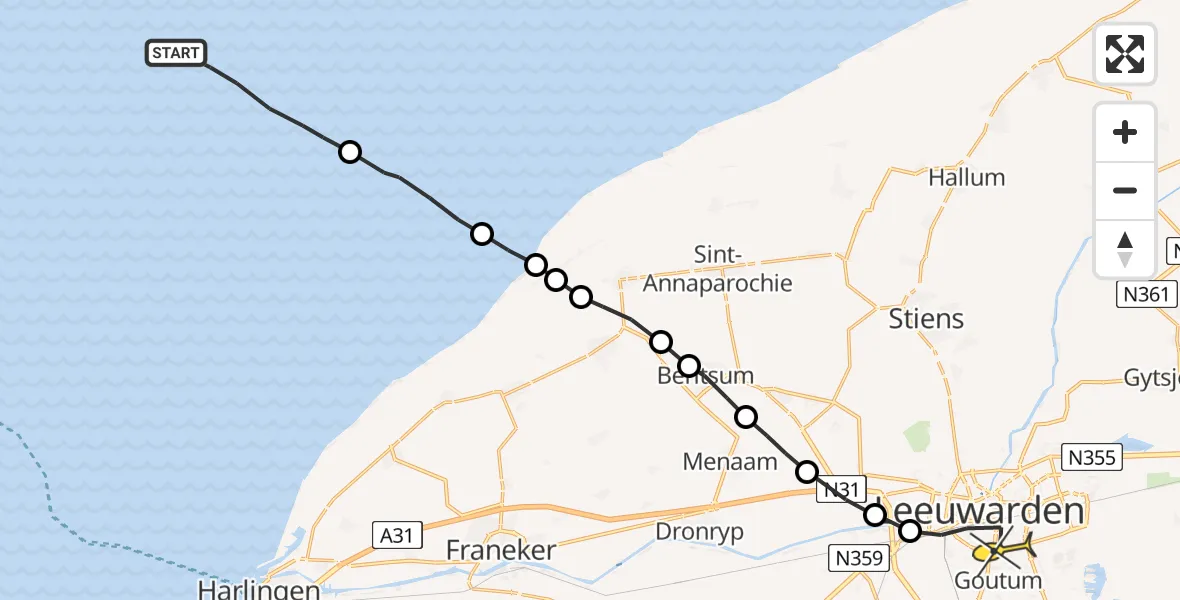 Routekaart van de vlucht: Ambulanceheli naar Leeuwarden, Aldlânsdyk