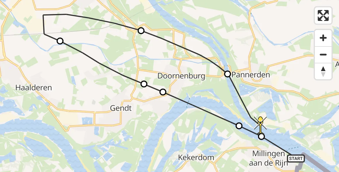 Routekaart van de vlucht: Politieheli naar Pannerden, Loswal