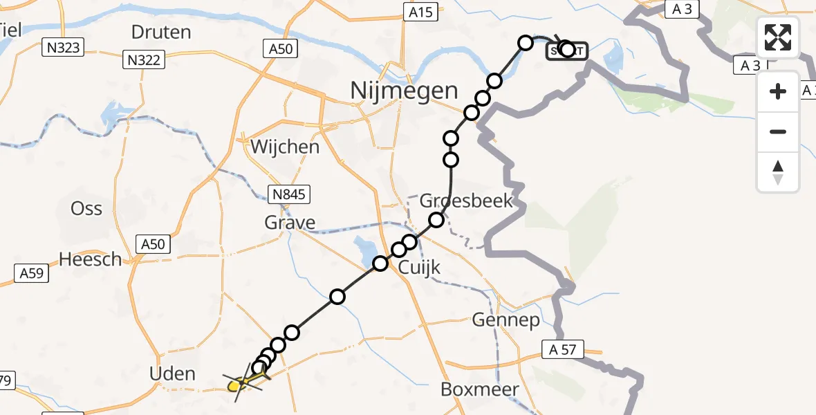 Routekaart van de vlucht: Politiehelikopter naar Vliegbasis Volkel, Waaldijk