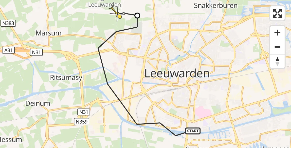 Vluchtroute Ambulancehelikopter van Leeuwarden naar Vliegbasis Leeuwarden