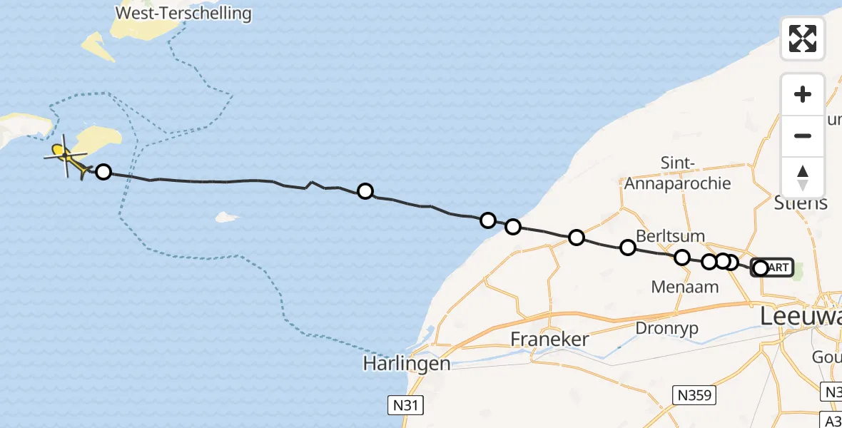 Routekaart van de vlucht: Ambulanceheli naar Vlieland, Feartswâl