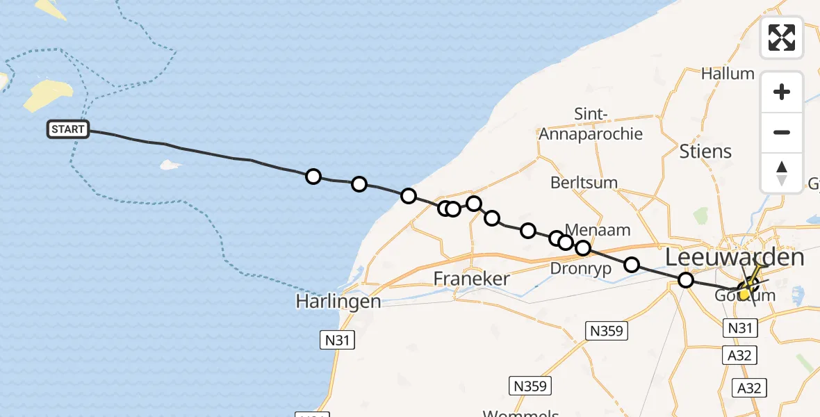 Routekaart van de vlucht: Ambulanceheli naar Leeuwarden, Vliestroom