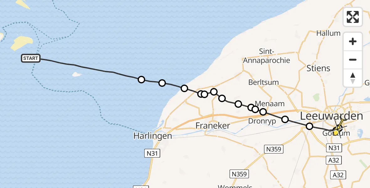 Routekaart van de vlucht: Ambulancehelikopter naar Leeuwarden, Vliestroom